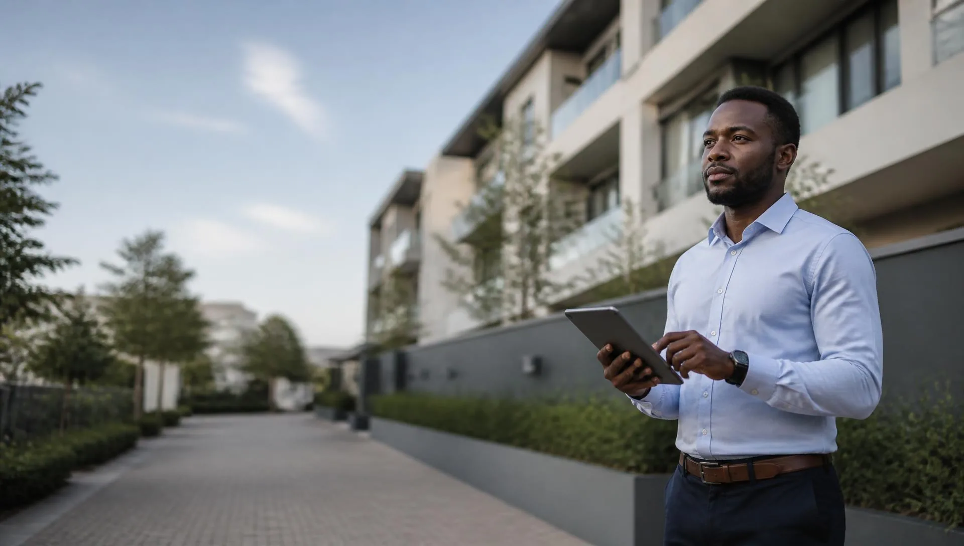 Gestionnaire immobilier consultant un bien sur tablette